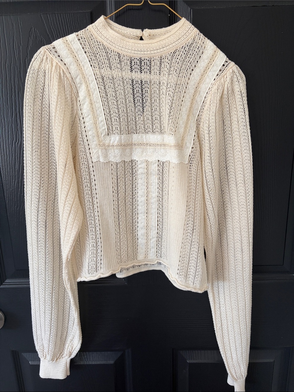 Zara Cream Sparkle Open-Knit Lace Yoke Long-Sleeve Top